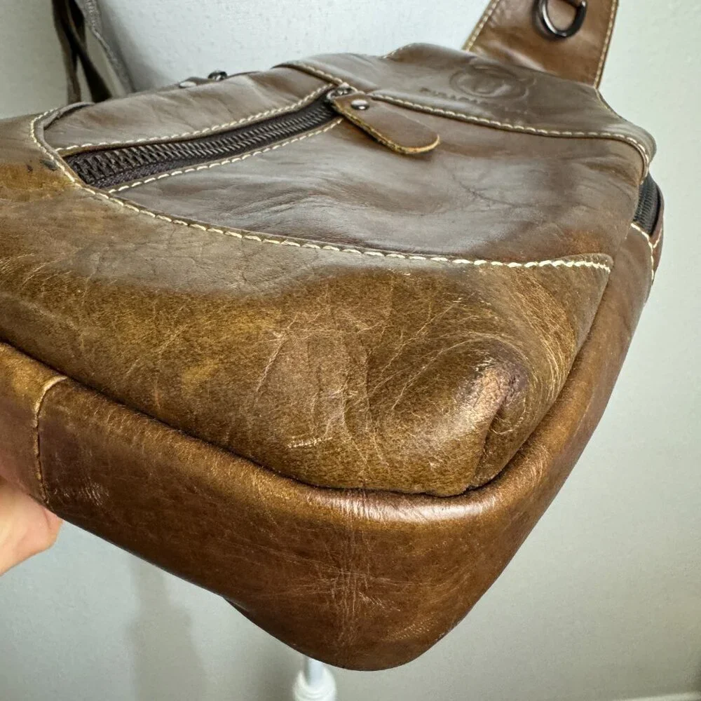BULLCAPTAIN Genuine Leather Sling Bag Casual Shoulder Chest Crossbody